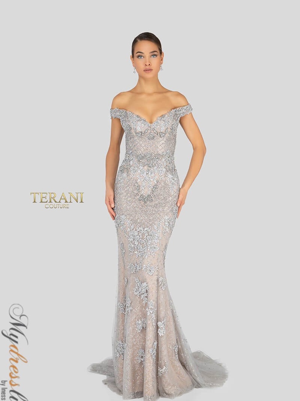 Terani Couture Silver Lace Off-Shoulder Mermaid Gown